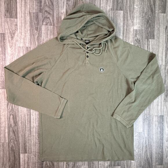 Volcom Green Hooded Henley Long Sleeve Shirt Waffle Knit Pullover Casual L - Picture 1 of 6